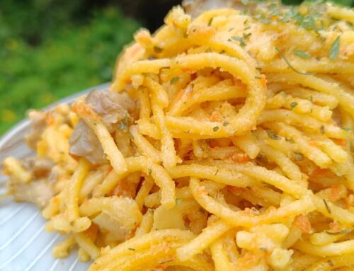 Gombás – „sajtos” spagetti ( glutén,tej,tojás,cukor,szójamentes,vegán)