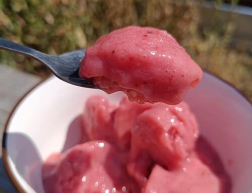 Banános – epres sorbet ( glutén, tej, tojás, cukor, szójamentes, vegán )